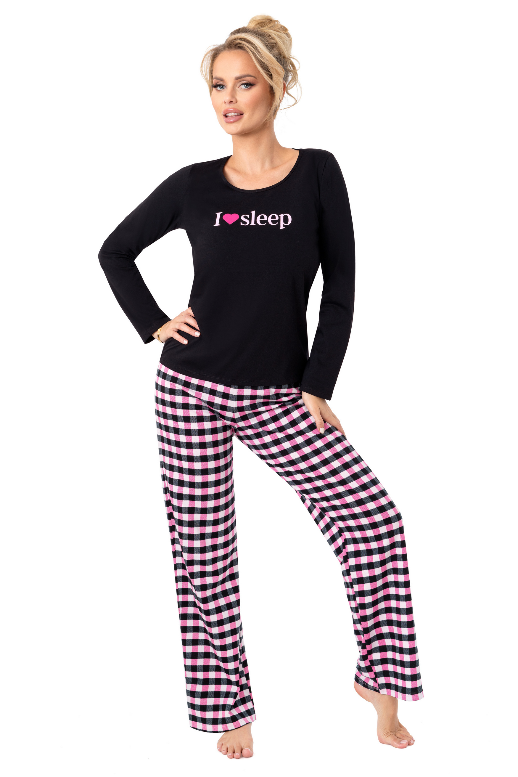 Piżama bawełniana w kratę - Sleep long black zdjęcie 1