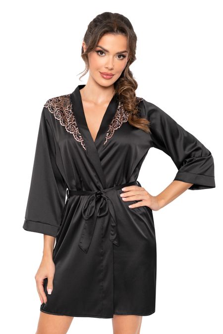 Czarny szlafrok satynowy z koronką - Sabrina