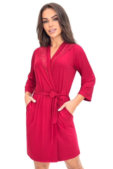 Szlafrok elegancki z koronką - Sonia bordo