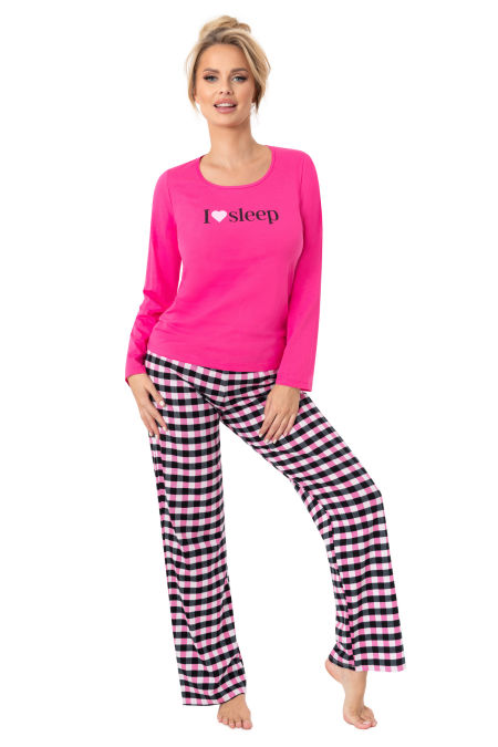 Piżama damska bawełniana w kratę - Sleep long fuksja
