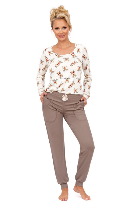 Piżama bawełniana damska świąteczna - Reni long beżowa